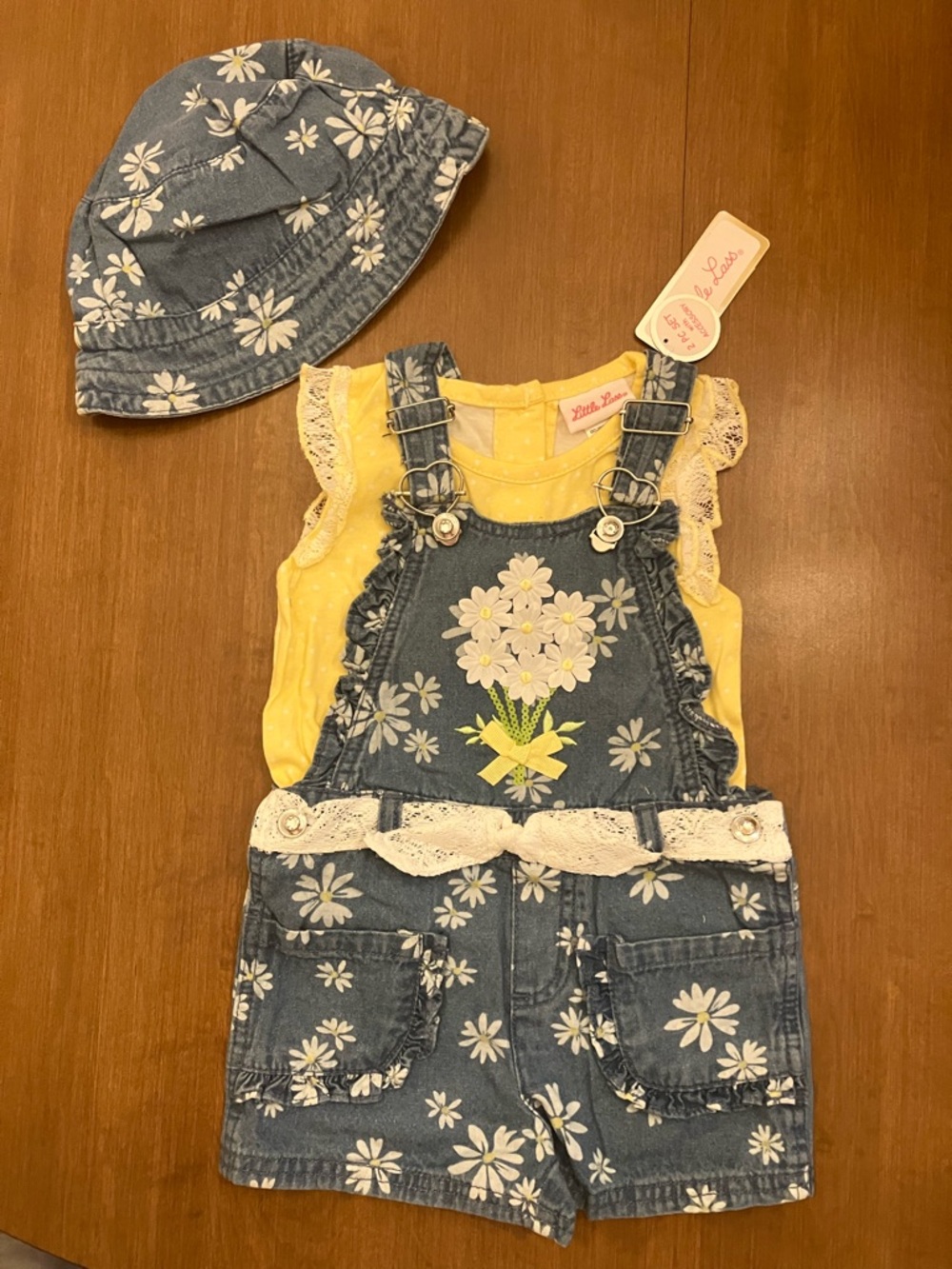 Yellow Tee & Blue Daisy Denim Shortalls Set with Hat